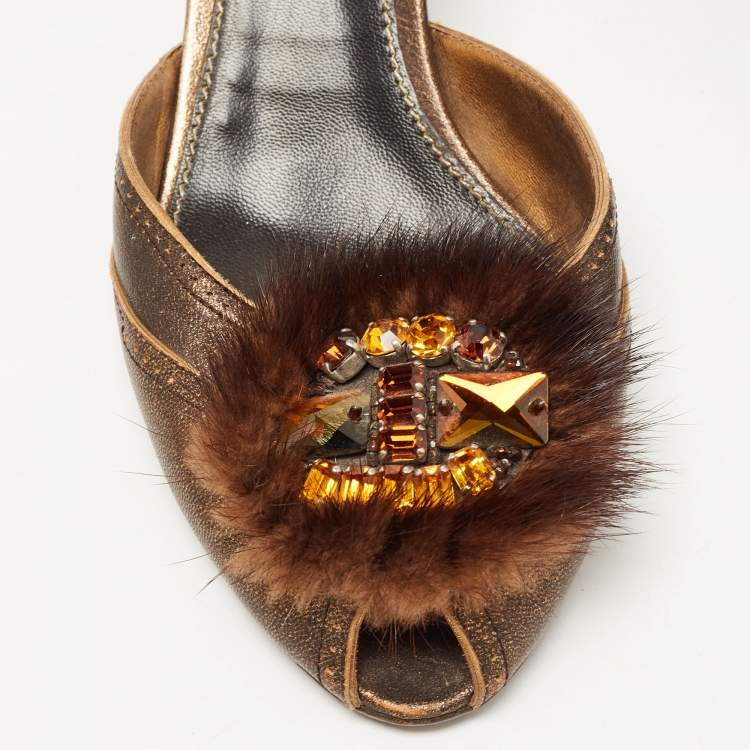 Pre Owned Prada Metallic Bronze Leather and Fur Crystal Embellished Mules Size 38.5