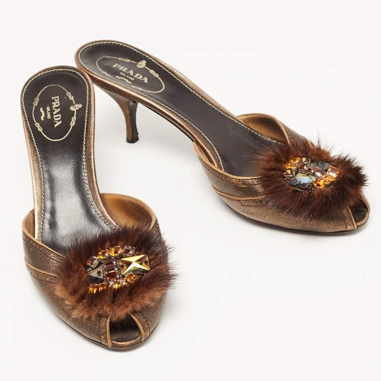 Pre Owned Prada Metallic Bronze Leather and Fur Crystal Embellished Mules Size 38.5