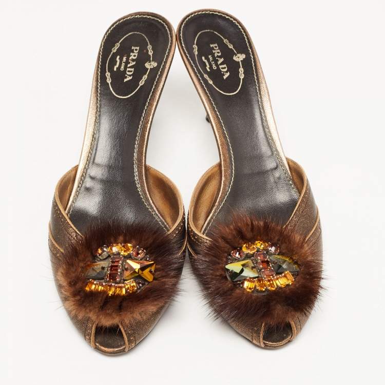 Pre Owned Prada Metallic Bronze Leather and Fur Crystal Embellished Mules Size 38.5