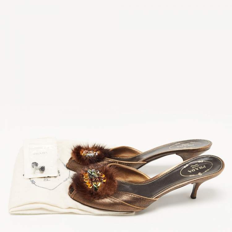 Pre Owned Prada Metallic Bronze Leather and Fur Crystal Embellished Mules Size 38.5
