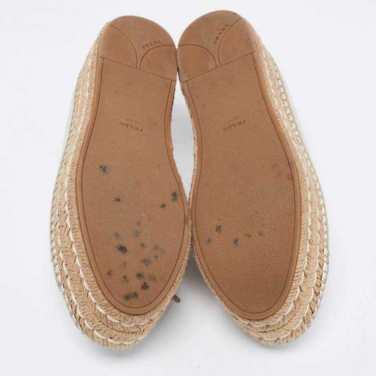 Pre Owned Prada Silver Leather Wedge Espadrille Sneakers Size 38.5