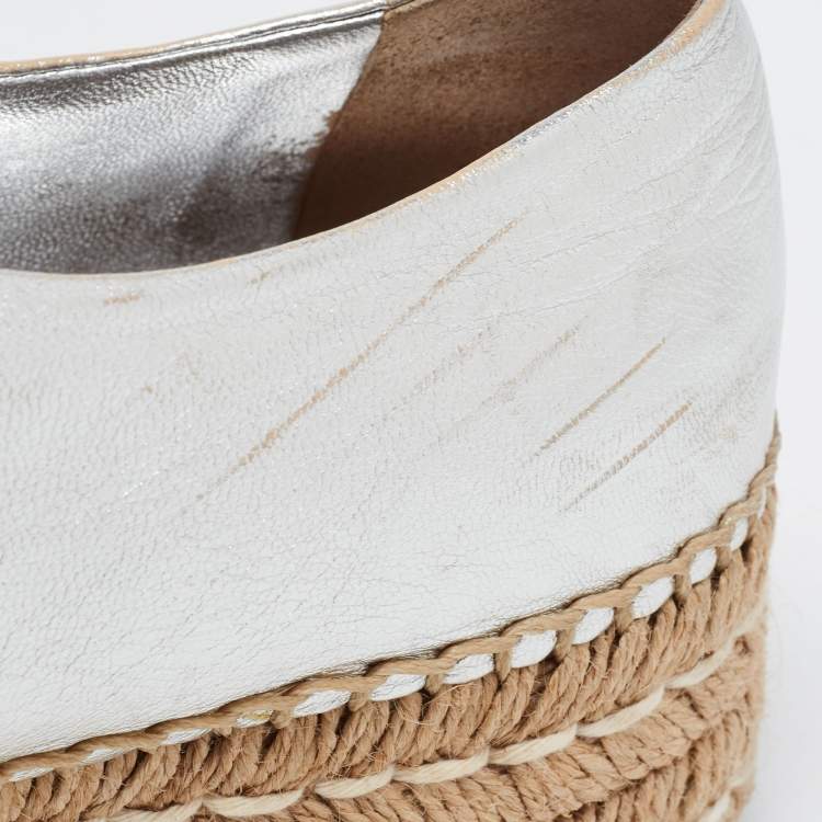 Pre Owned Prada Silver Leather Wedge Espadrille Sneakers Size 38.5