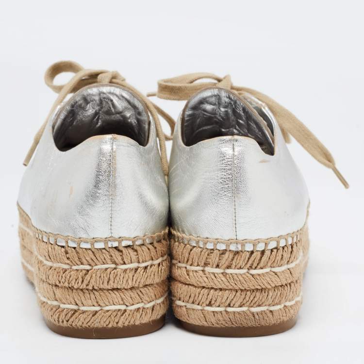 Pre Owned Prada Silver Leather Wedge Espadrille Sneakers Size 38.5