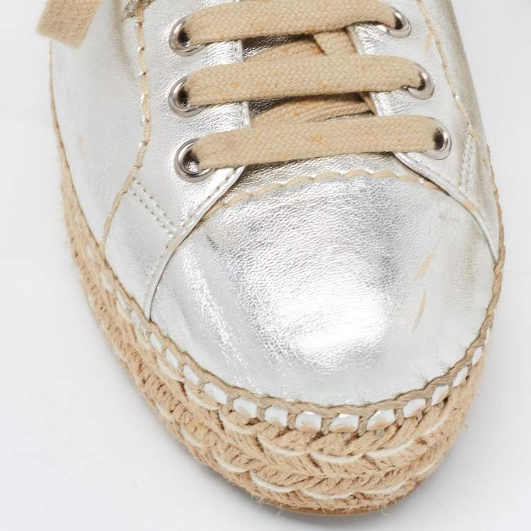 Pre Owned Prada Silver Leather Wedge Espadrille Sneakers Size 38.5