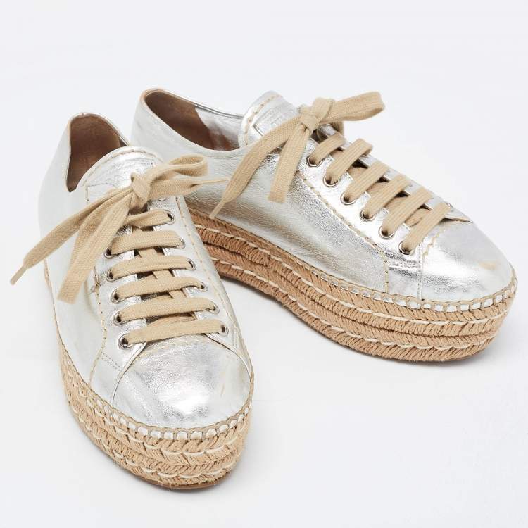 Pre Owned Prada Silver Leather Wedge Espadrille Sneakers Size 38.5