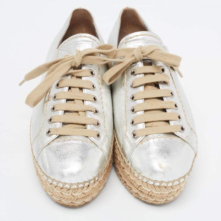 Pre Owned Prada Silver Leather Wedge Espadrille Sneakers Size 38.5