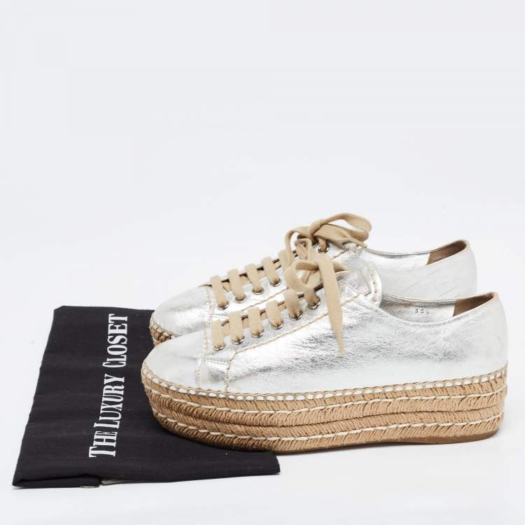 Pre Owned Prada Silver Leather Wedge Espadrille Sneakers Size 38.5