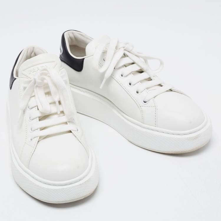 Pre Owned Prada White/Black Leather Macro Low Top Sneakers Size 37