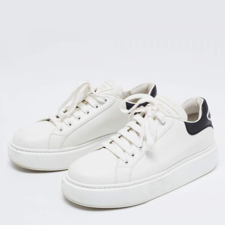 Pre Owned Prada White/Black Leather Macro Low Top Sneakers Size 37