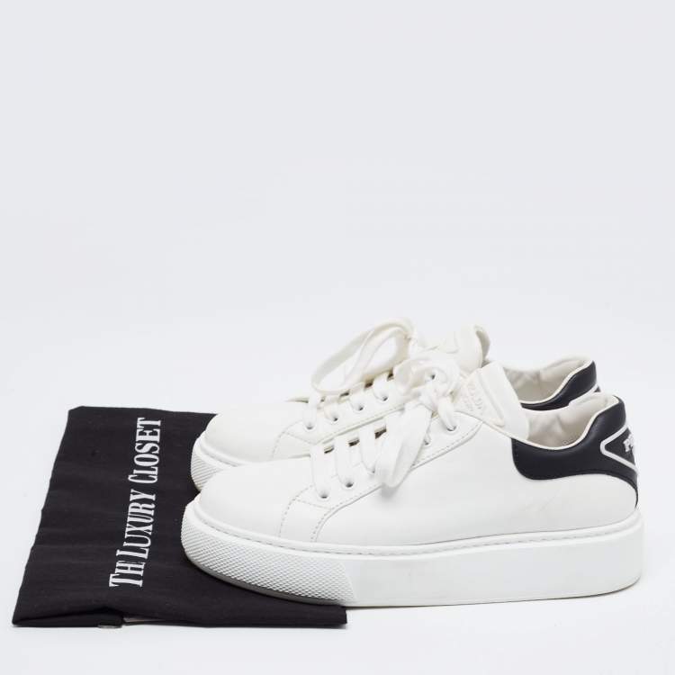 Pre Owned Prada White/Black Leather Macro Low Top Sneakers Size 37