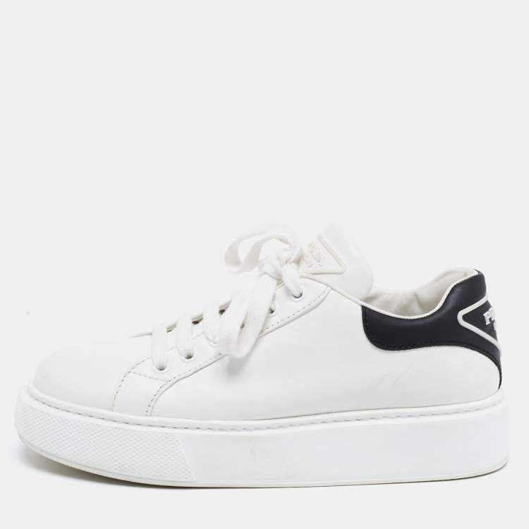 Pre Owned Prada White/Black Leather Macro Low Top Sneakers Size 37