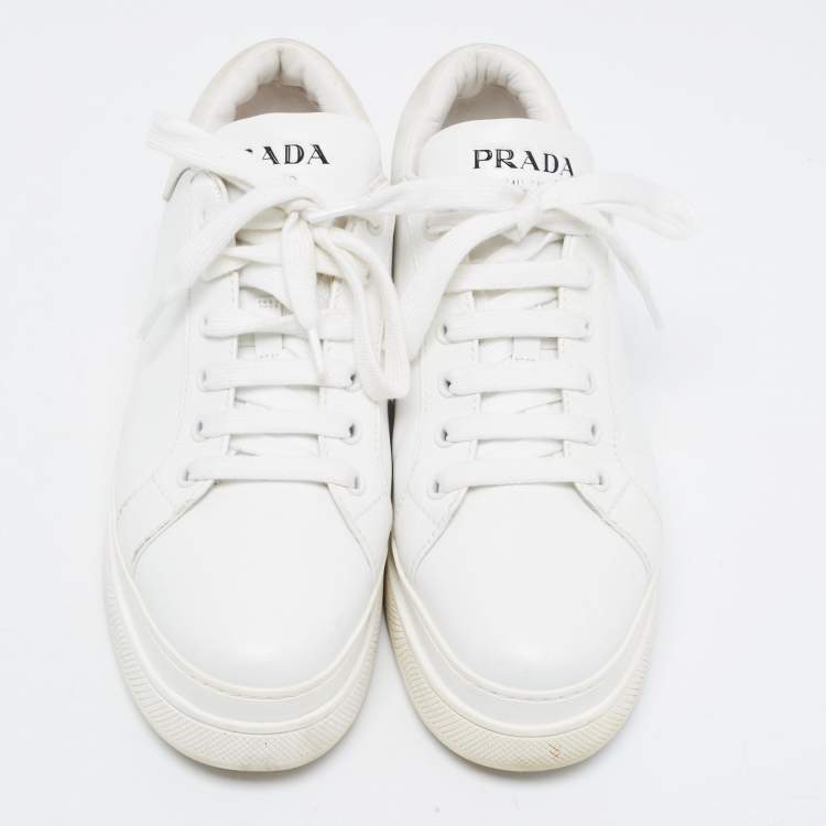 Pre Owned Prada White Leather Low Top Sneakers Size 38.5