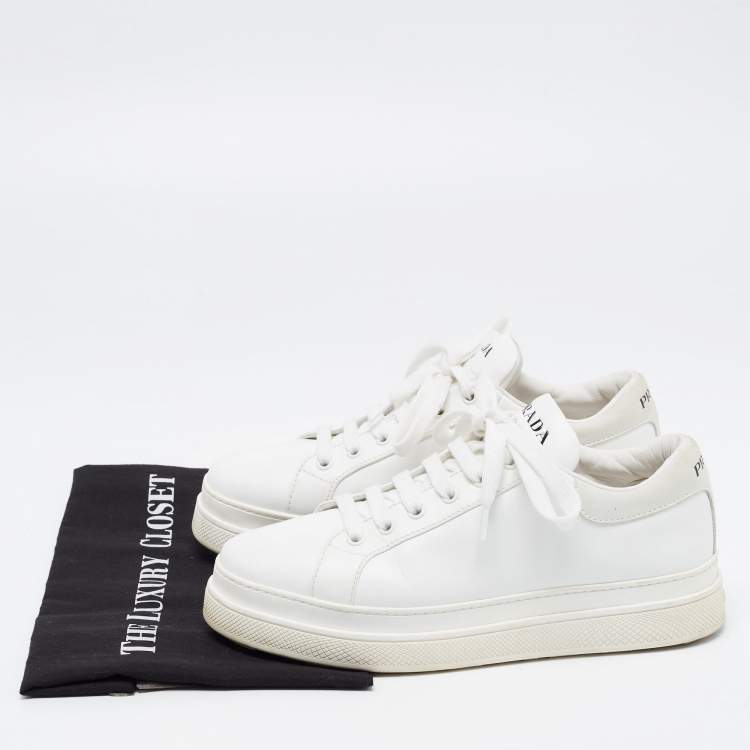 Pre Owned Prada White Leather Low Top Sneakers Size 38.5
