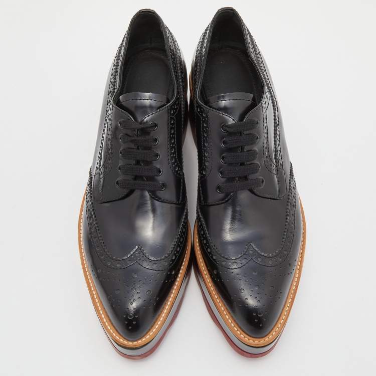 Pre Owned Prada Black Brogue Leather Platform Derby Sneakers Size 39