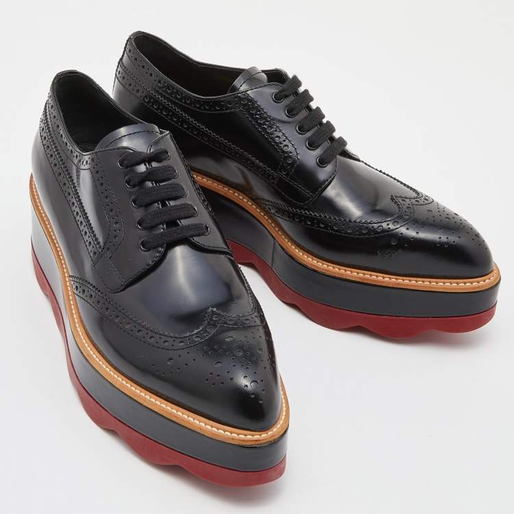 Pre Owned Prada Black Brogue Leather Platform Derby Sneakers Size 39