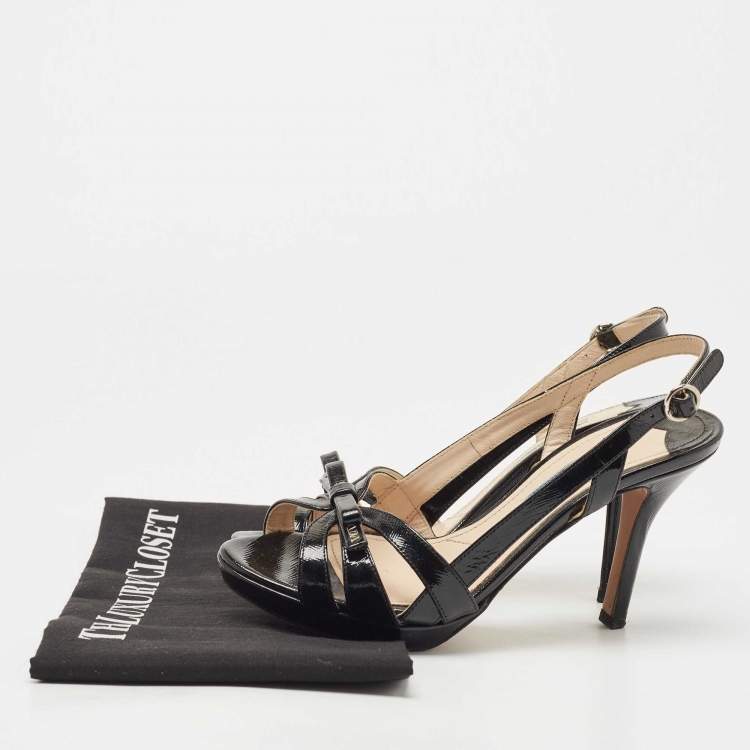 Pre Owned Prada Black Saffiano Vernice Leather Bow Platform Slingback Sandals Size 35.5