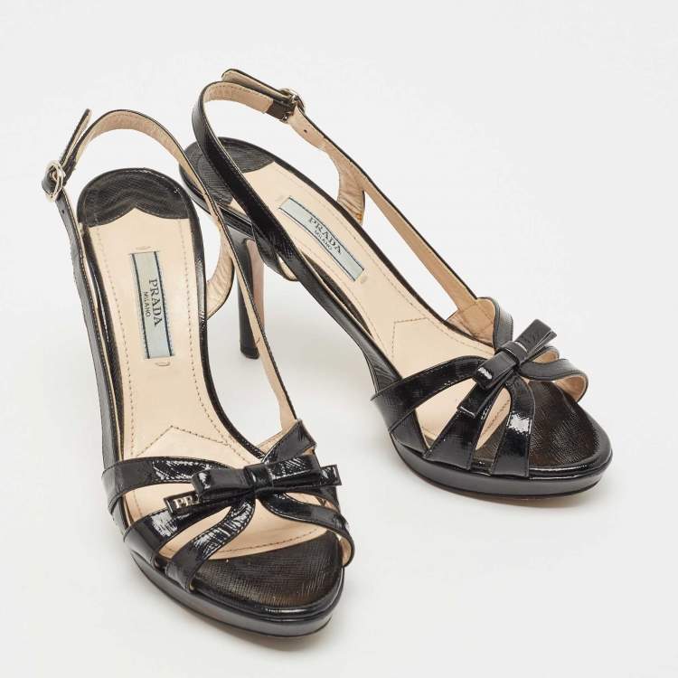 Pre Owned Prada Black Saffiano Vernice Leather Bow Platform Slingback Sandals Size 35.5