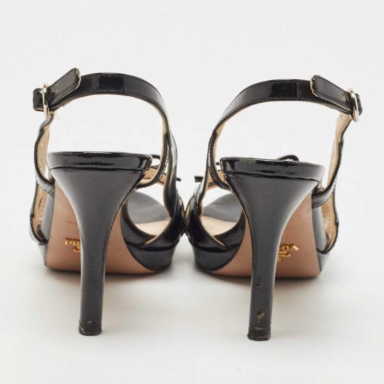 Pre Owned Prada Black Saffiano Vernice Leather Bow Platform Slingback Sandals Size 35.5