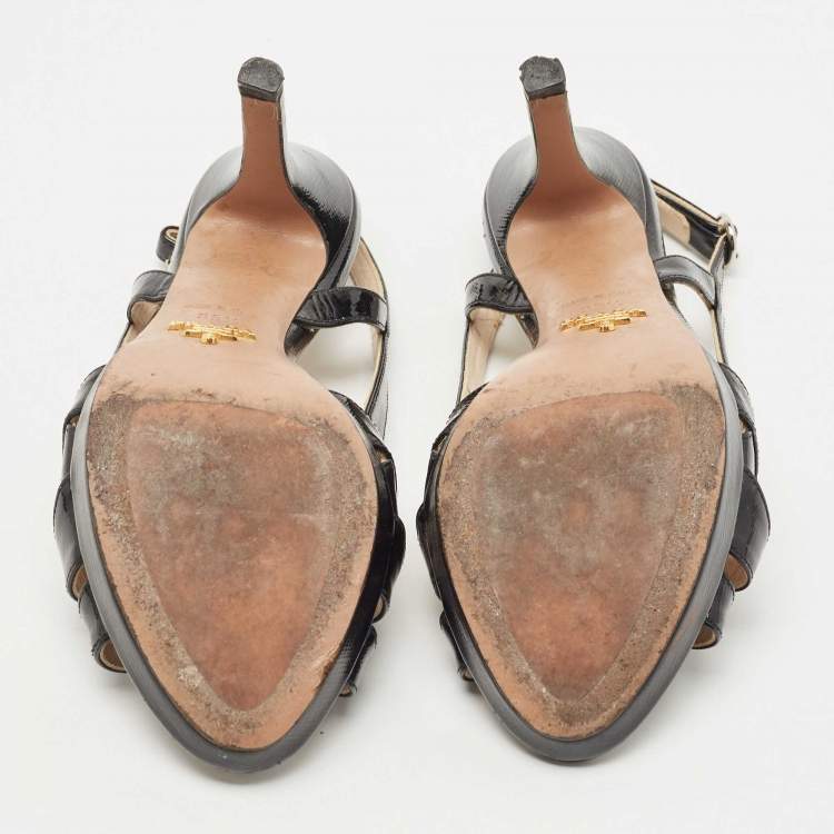 Pre Owned Prada Black Saffiano Vernice Leather Bow Platform Slingback Sandals Size 35.5