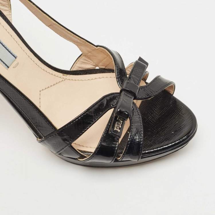 Pre Owned Prada Black Saffiano Vernice Leather Bow Platform Slingback Sandals Size 35.5