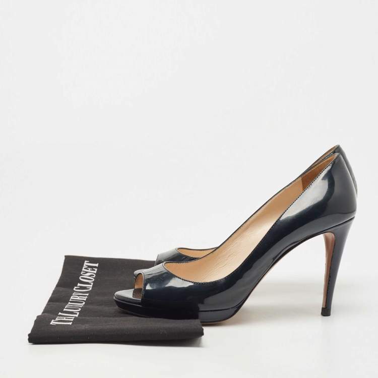Pre Owned Prada Dark Navy Blue Patent Leather Peep Toe Platform Pumps Size 38.5
