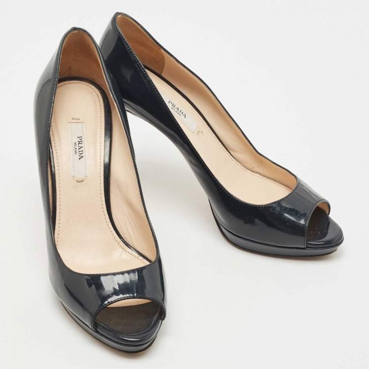 Pre Owned Prada Dark Navy Blue Patent Leather Peep Toe Platform Pumps Size 38.5