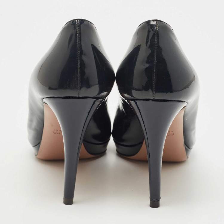 Pre Owned Prada Dark Navy Blue Patent Leather Peep Toe Platform Pumps Size 38.5