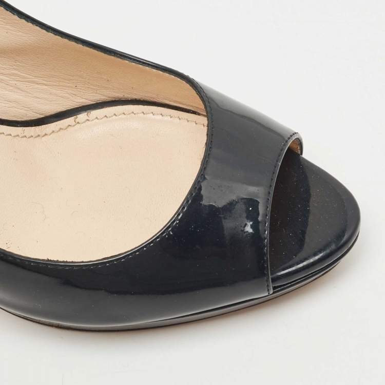 Pre Owned Prada Dark Navy Blue Patent Leather Peep Toe Platform Pumps Size 38.5