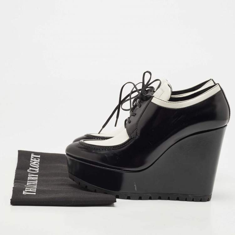 Pre Owned Prada White/Black Leather Platform Wedges Lace Up Derby Size 38