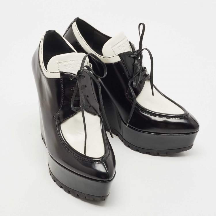 Pre Owned Prada White/Black Leather Platform Wedges Lace Up Derby Size 38