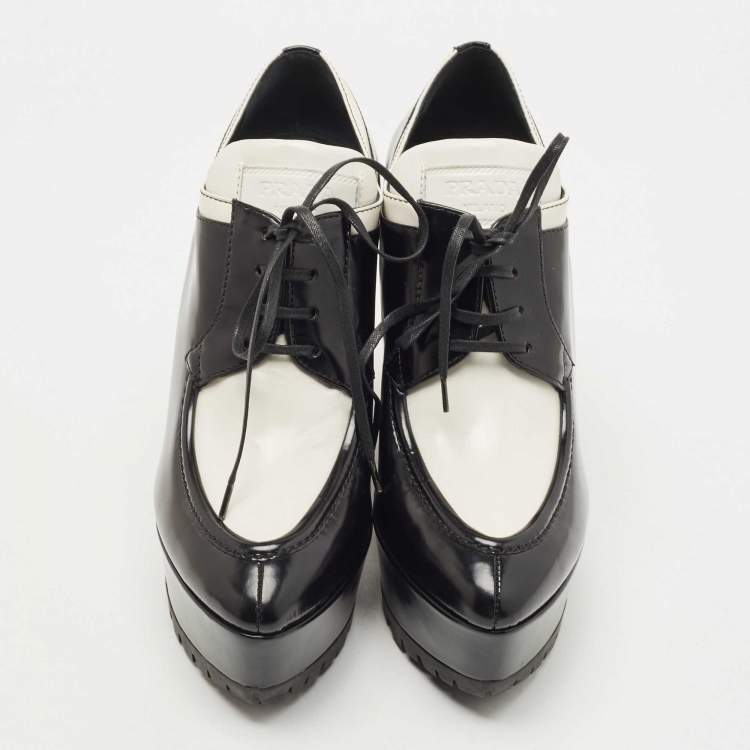 Pre Owned Prada White/Black Leather Platform Wedges Lace Up Derby Size 38