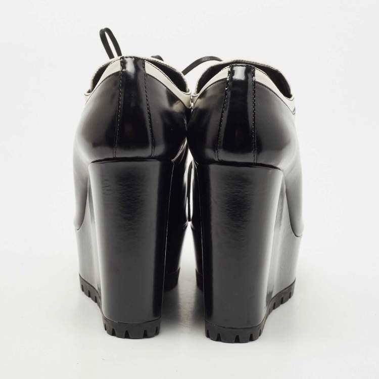 Pre Owned Prada White/Black Leather Platform Wedges Lace Up Derby Size 38