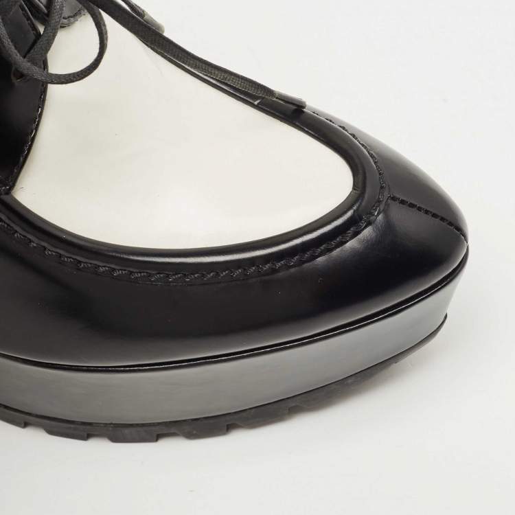 Pre Owned Prada White/Black Leather Platform Wedges Lace Up Derby Size 38