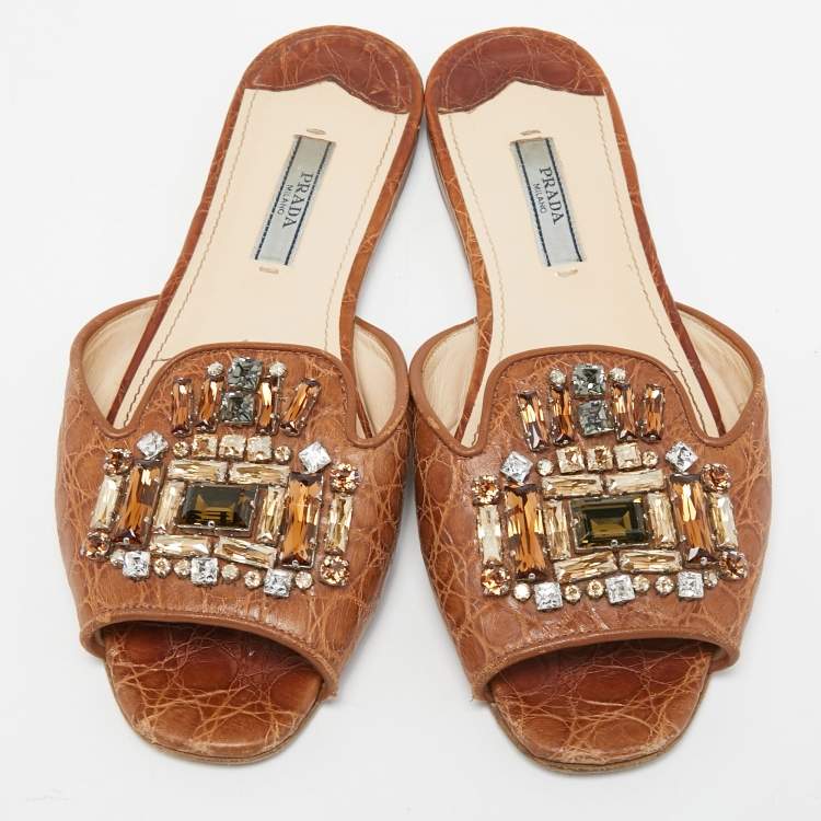 Pre Owned Prada Brown Croc Embossed Leather Crystal Embellished Slide Flats Size 36.5