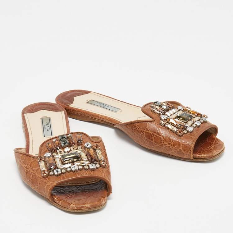 Pre Owned Prada Brown Croc Embossed Leather Crystal Embellished Slide Flats Size 36.5