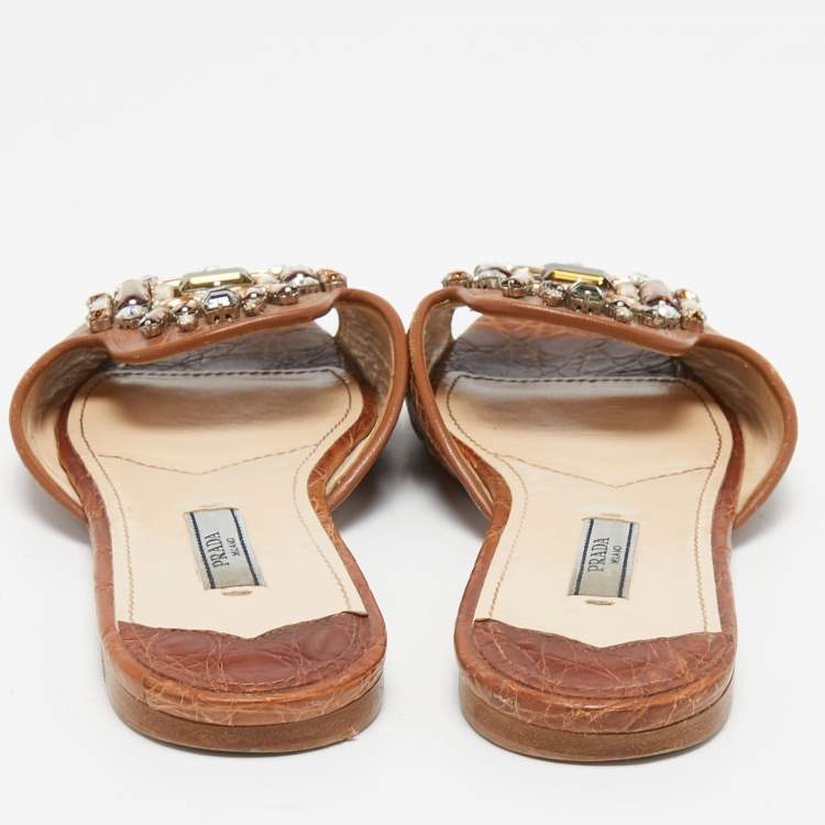 Pre Owned Prada Brown Croc Embossed Leather Crystal Embellished Slide Flats Size 36.5