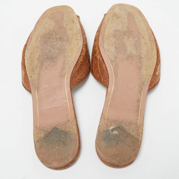 Pre Owned Prada Brown Croc Embossed Leather Crystal Embellished Slide Flats Size 36.5