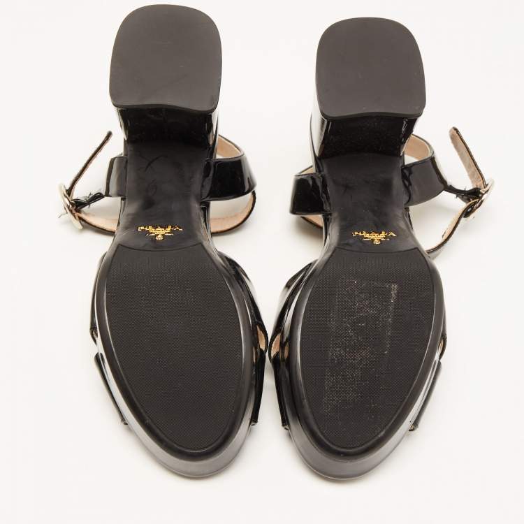Pre Owned Prada Black Patent Leather Crisscross Ankle Strap Sandals Size 36