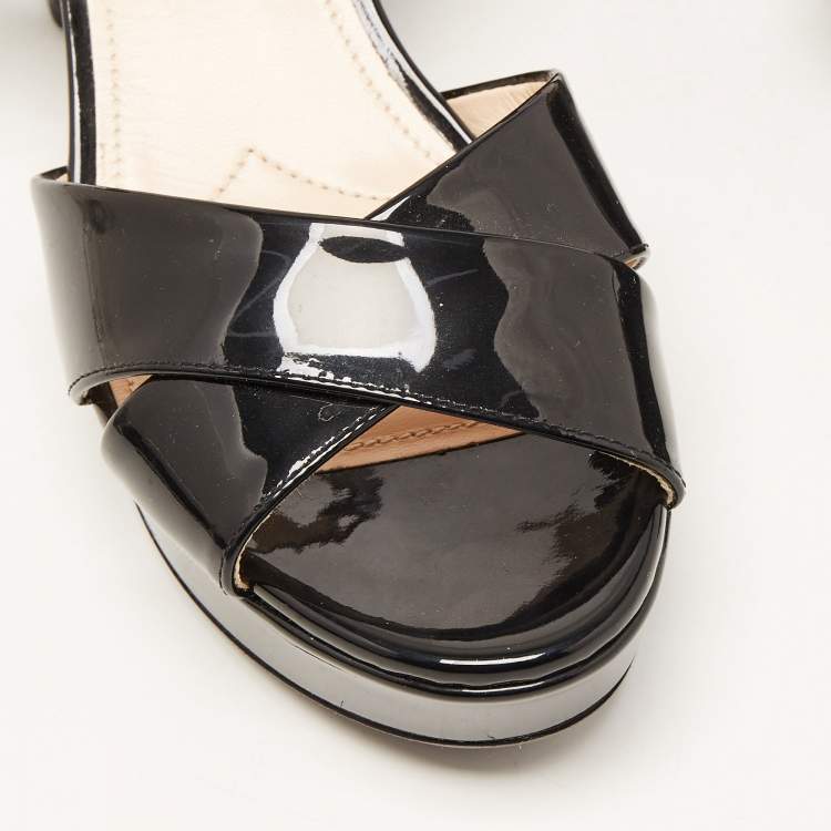 Pre Owned Prada Black Patent Leather Crisscross Ankle Strap Sandals Size 36