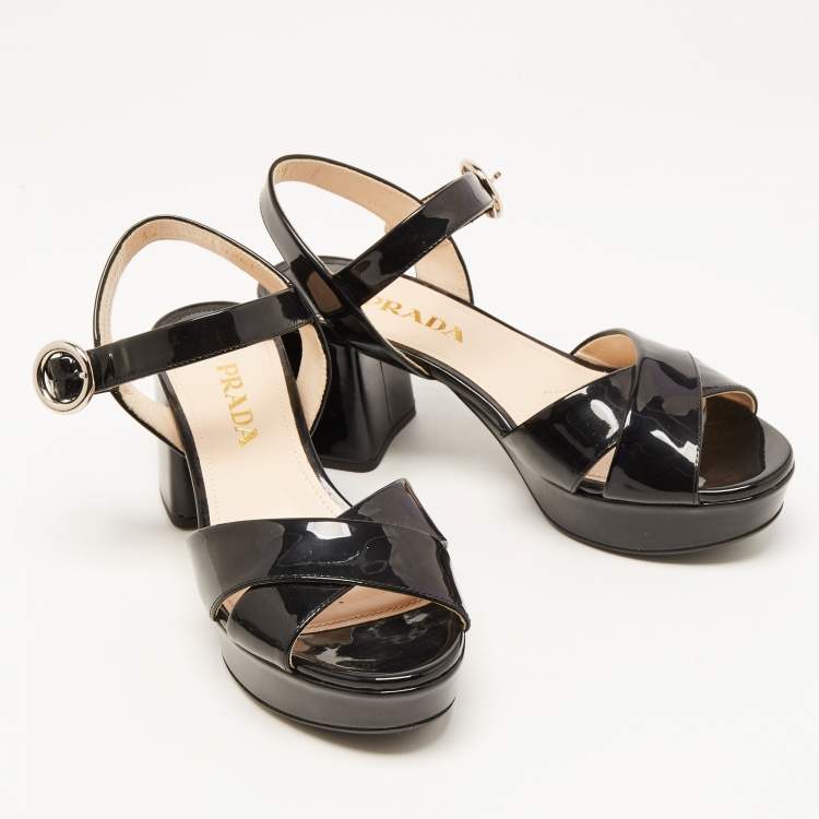 Pre Owned Prada Black Patent Leather Crisscross Ankle Strap Sandals Size 36