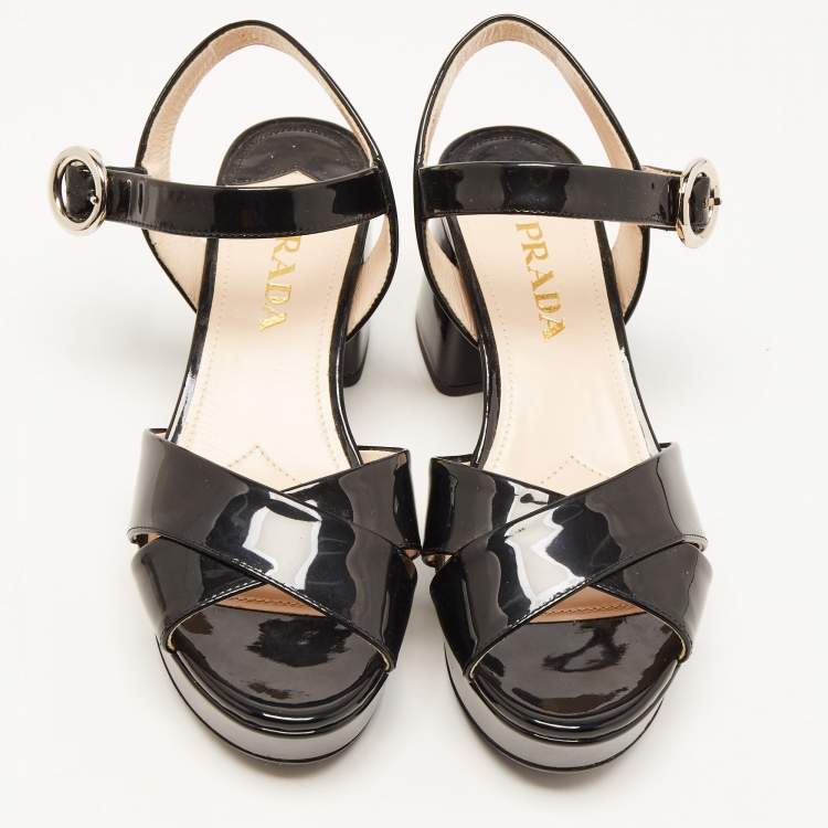 Pre Owned Prada Black Patent Leather Crisscross Ankle Strap Sandals Size 36