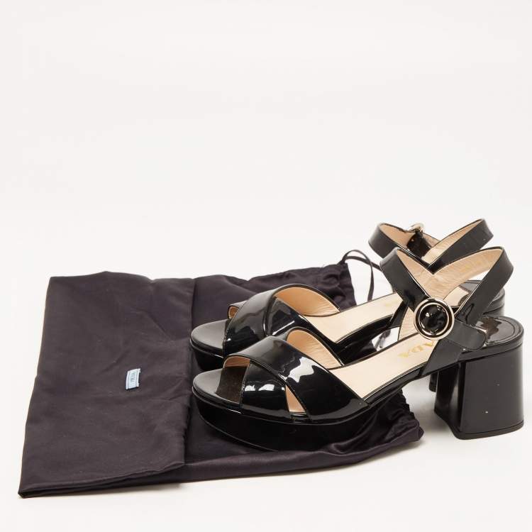 Pre Owned Prada Black Patent Leather Crisscross Ankle Strap Sandals Size 36