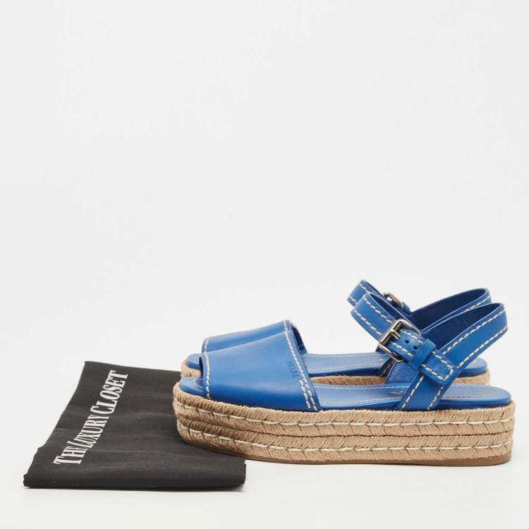 Pre Owned Prada Blue Leather Espadrille Platform Sandals Size 38