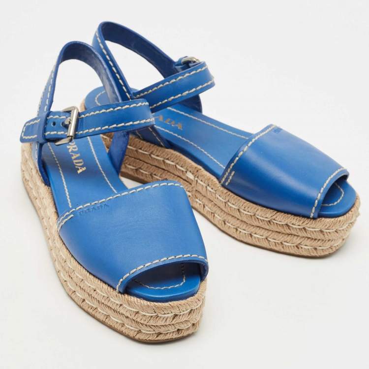 Pre Owned Prada Blue Leather Espadrille Platform Sandals Size 38