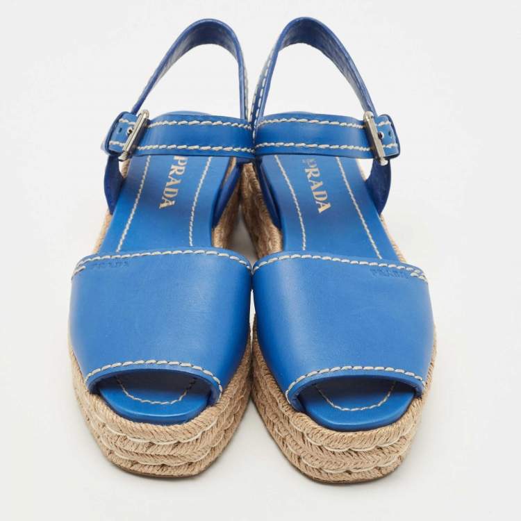 Pre Owned Prada Blue Leather Espadrille Platform Sandals Size 38