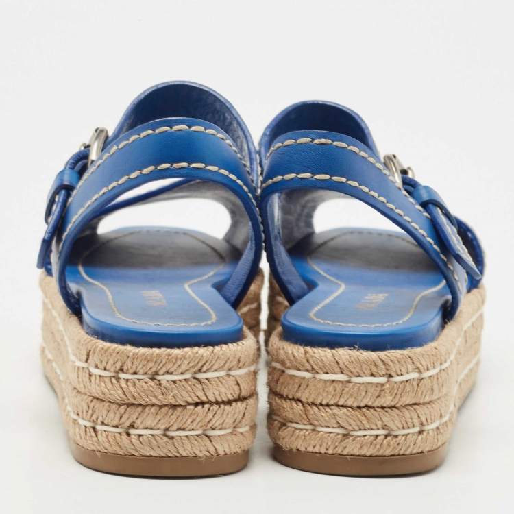 Pre Owned Prada Blue Leather Espadrille Platform Sandals Size 38