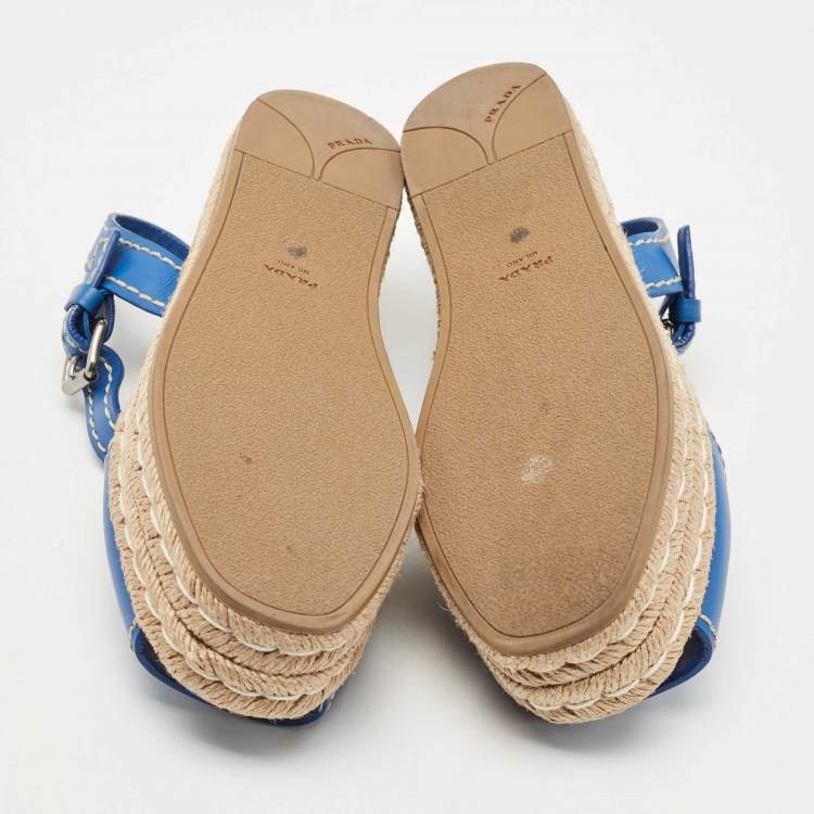 Pre Owned Prada Blue Leather Espadrille Platform Sandals Size 38