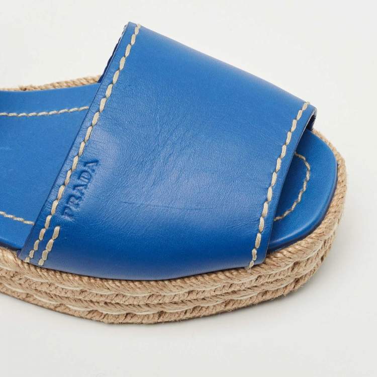 Pre Owned Prada Blue Leather Espadrille Platform Sandals Size 38
