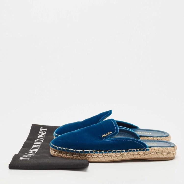 Pre Owned Prada Blue Velvet Espadrille Flat Mules Size 38.5