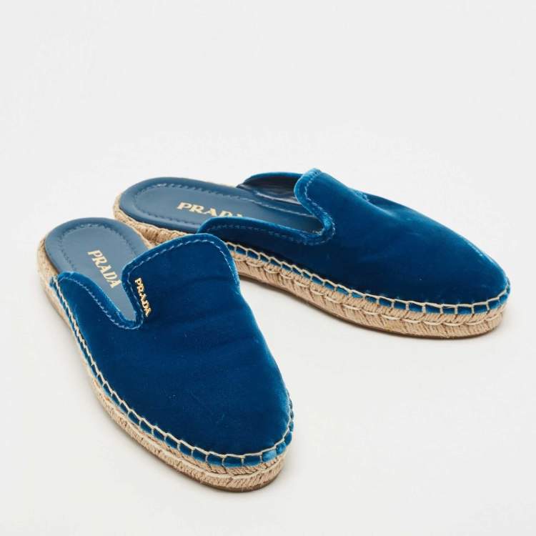 Pre Owned Prada Blue Velvet Espadrille Flat Mules Size 38.5
